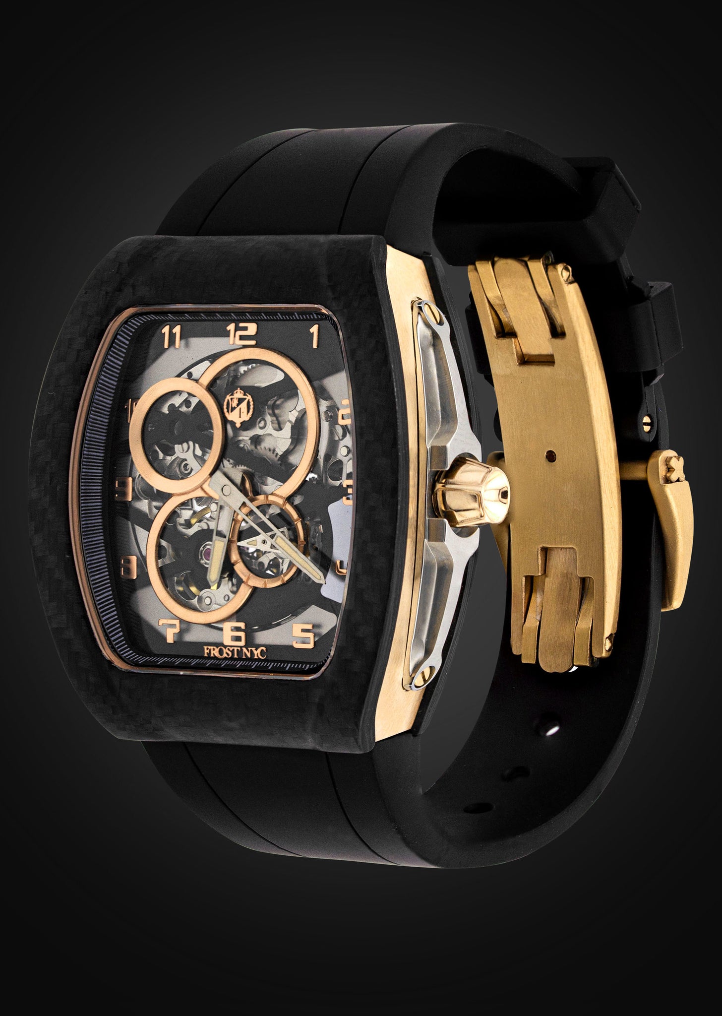 Frost NYC Mens Watch - Automatic Skeleton Carbon Fiber Sport Gold Watch | FRST-01-CFY | Black