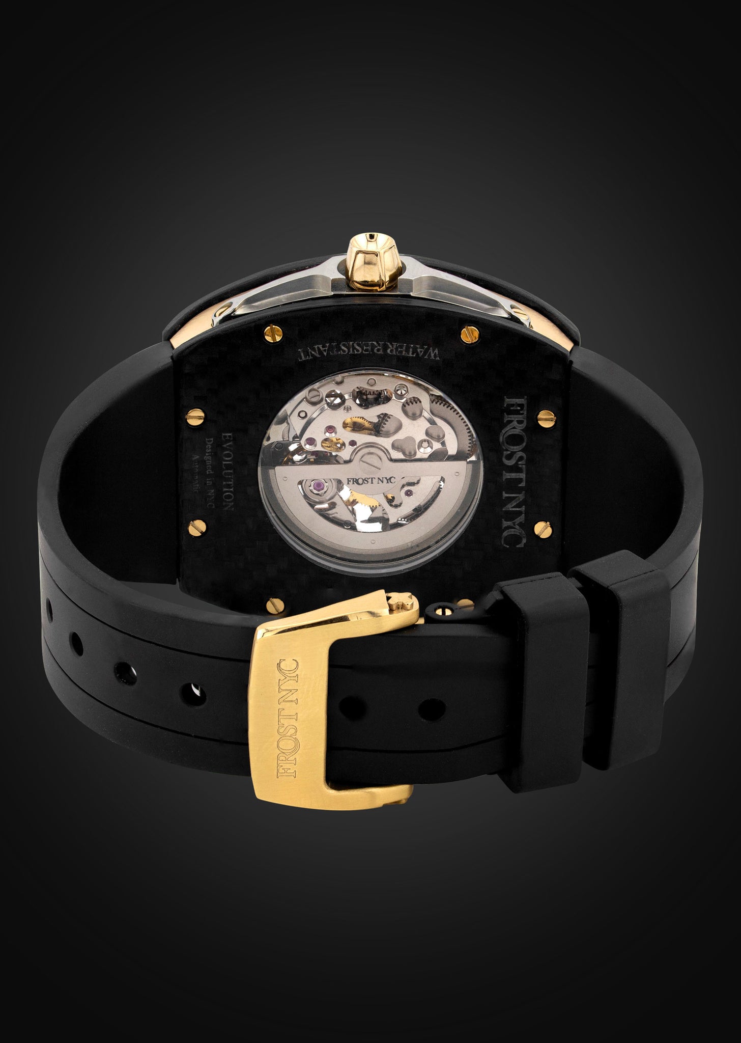 Frost NYC Mens Watch - Automatic Skeleton Carbon Fiber Sport Gold Watch | FRST-01-CFY | Black