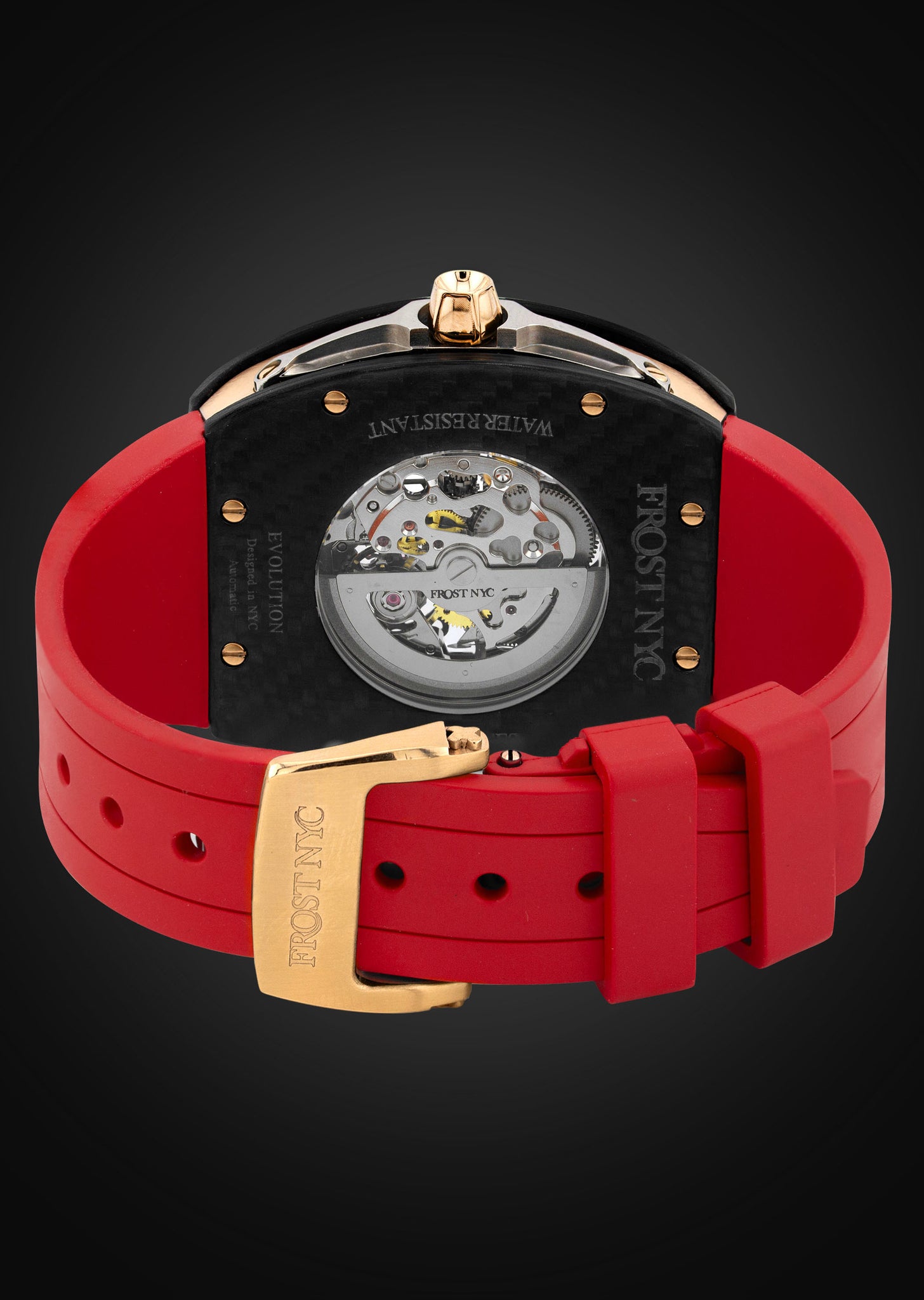 Frost NYC Mens Watch - Automatic Skeleton Carbon Fiber Sport Gold Watch | FRST-01-CFY | Red