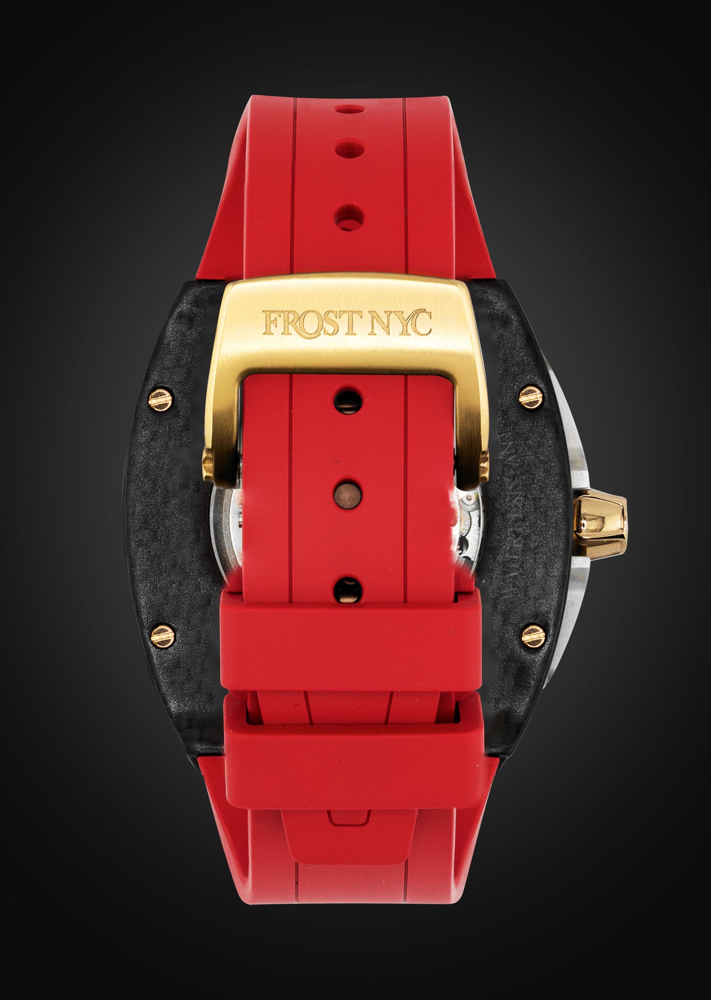 Frost NYC Mens Watch - Automatic Skeleton Carbon Fiber Sport Gold Watch | FRST-01-CFY | Red