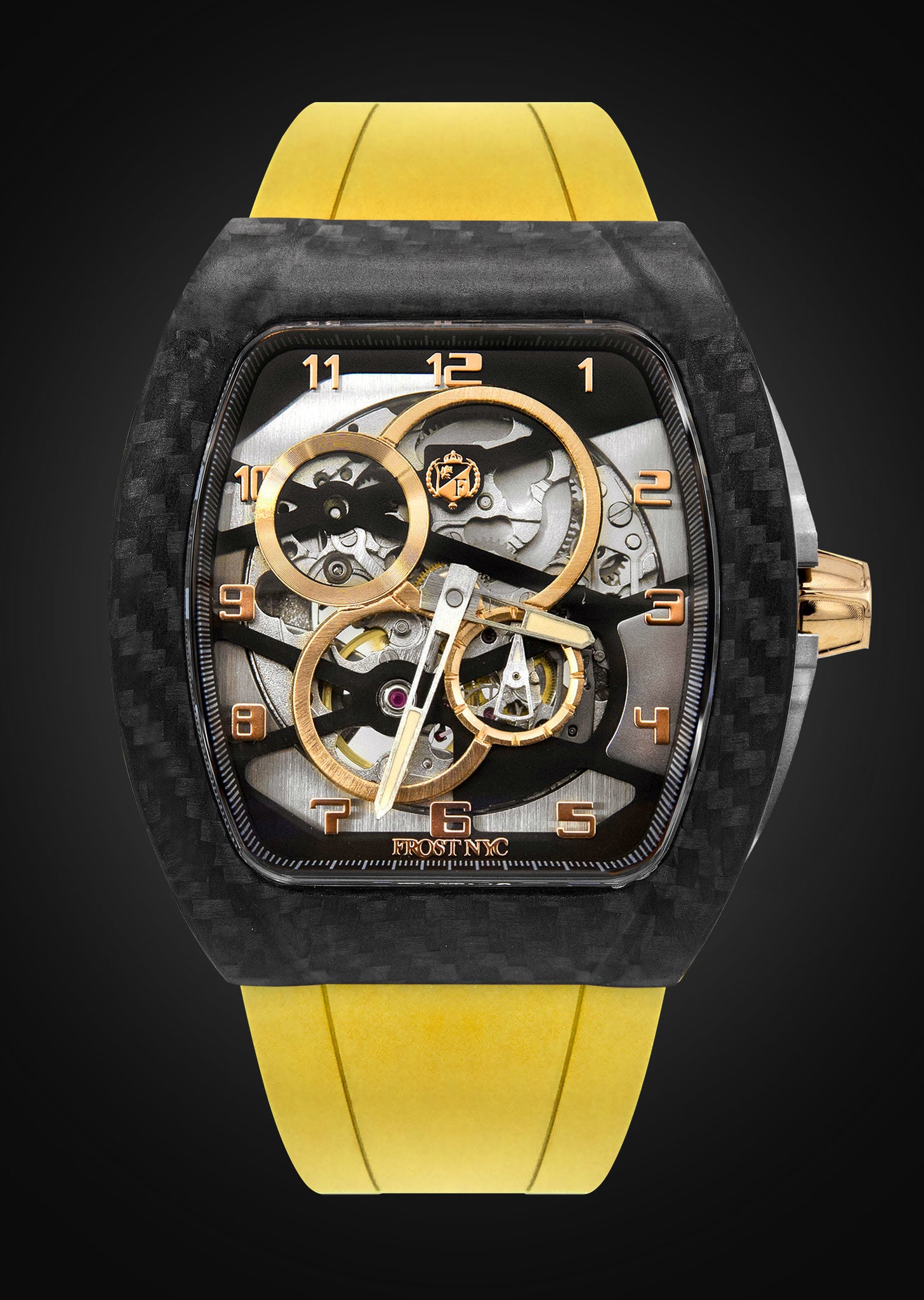 Frost NYC Mens Watch - Automatic Skeleton Carbon Fiber Sport Gold Watch | FRST-01-CFY | Yellow