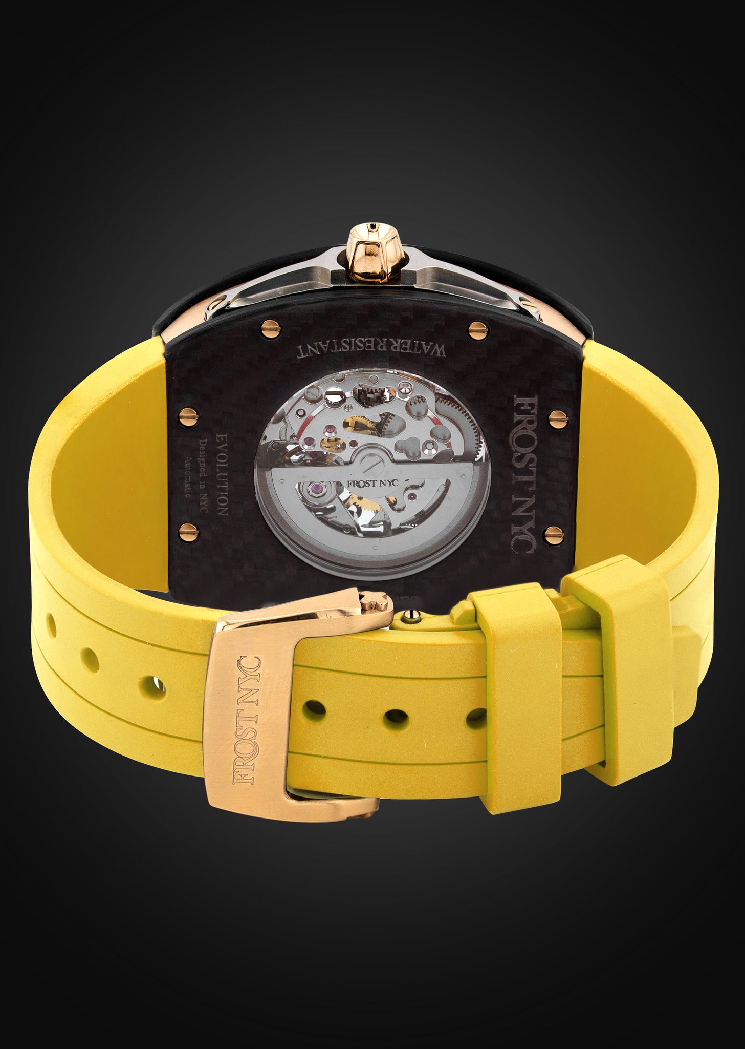 Frost NYC Mens Watch - Automatic Skeleton Carbon Fiber Sport Gold Watch | FRST-01-CFY | Yellow