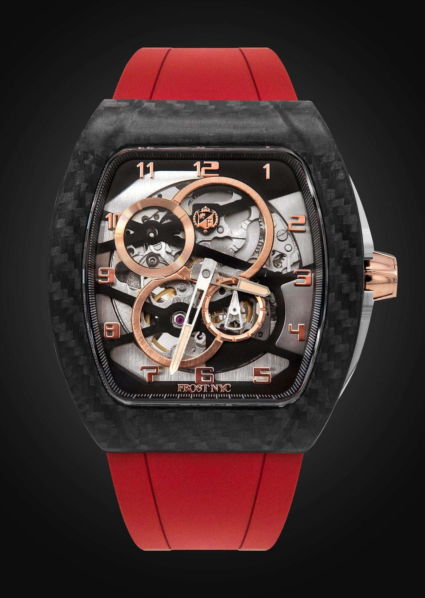 Frost NYC Mens Watch - Automatic Skeleton Carbon Fiber Rose Sport Watch | FRST-01-CFR| Red