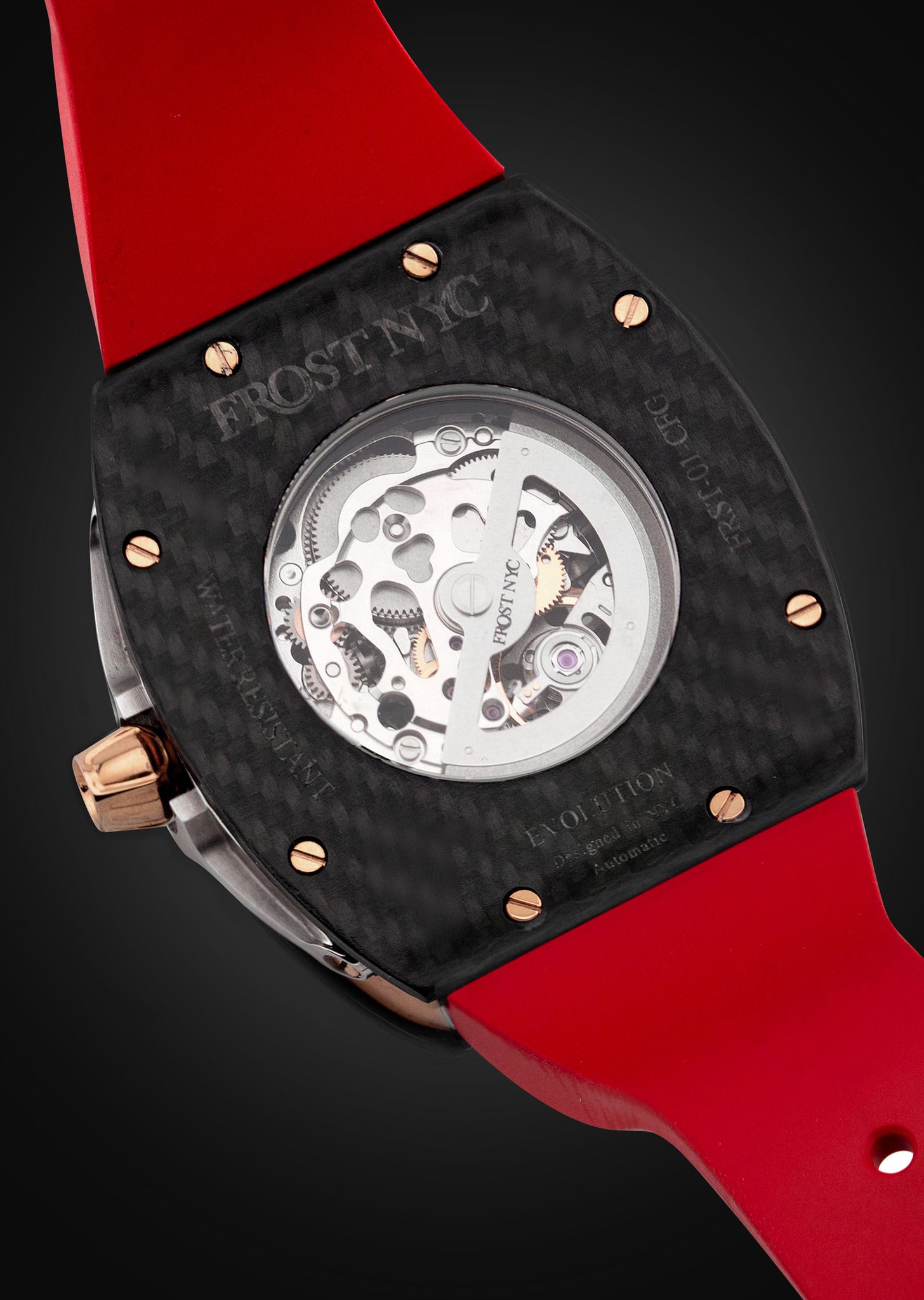 Frost NYC Mens Watch - Automatic Skeleton Carbon Fiber Rose Sport Watch | FRST-01-CFR| Red