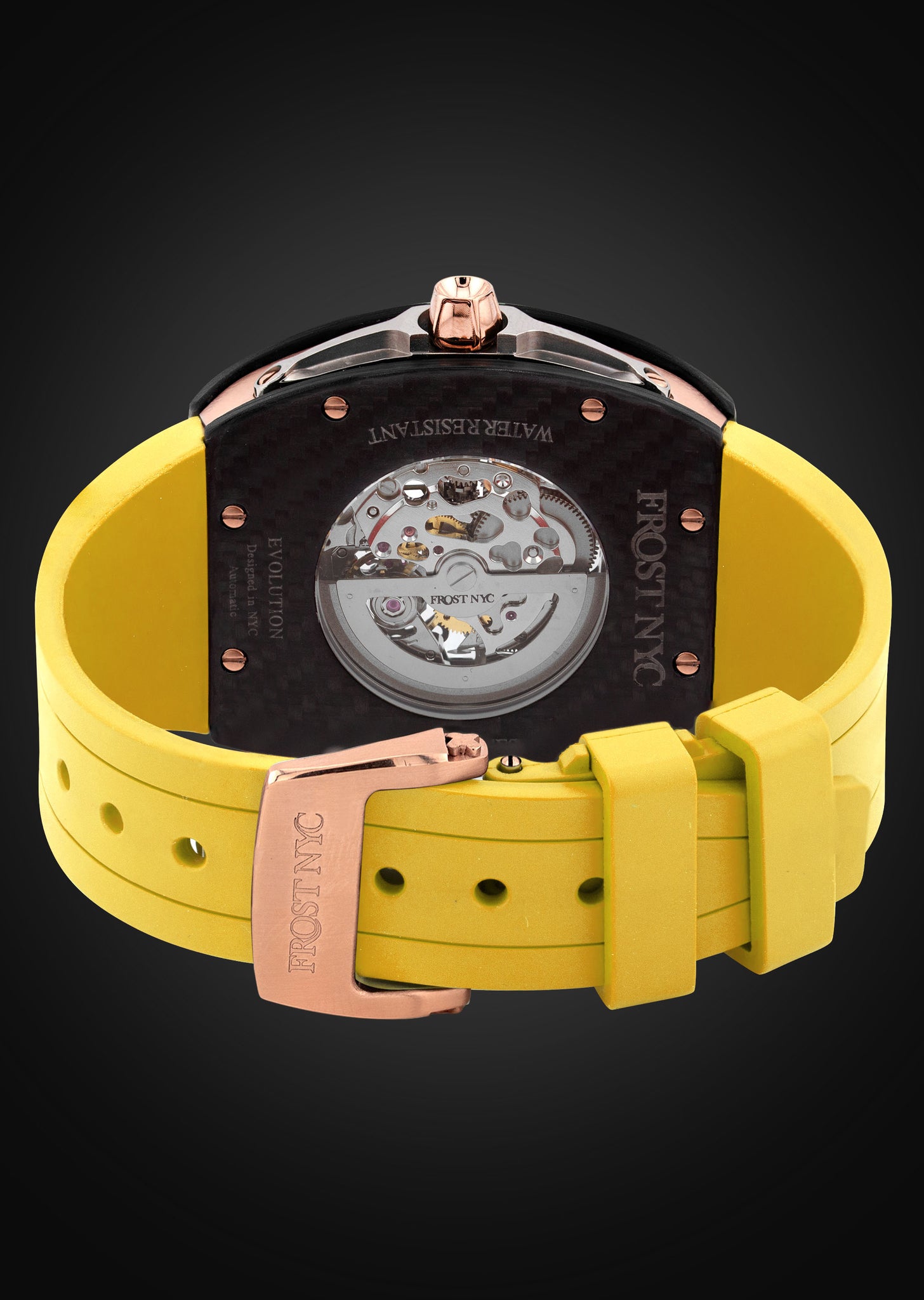 Frost NYC Mens Watch - Automatic Skeleton Carbon Fiber Rose Sport Watch | FRST-01-CFR| Yellow