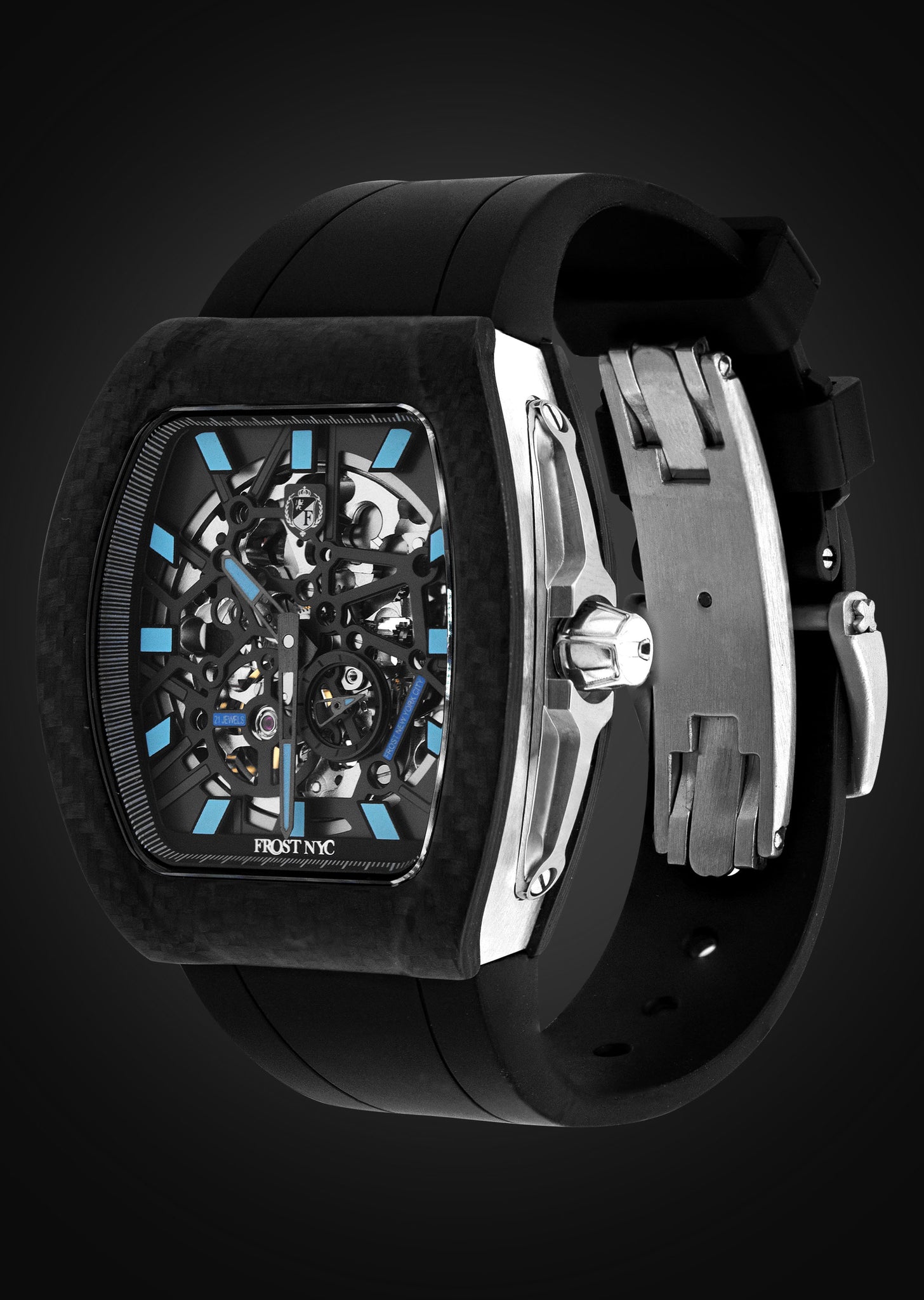 Frost NYC Mens Watch - Automatic Skeleton Carbon Fiber Sport Black Watch | FRST-01-CFS | Black