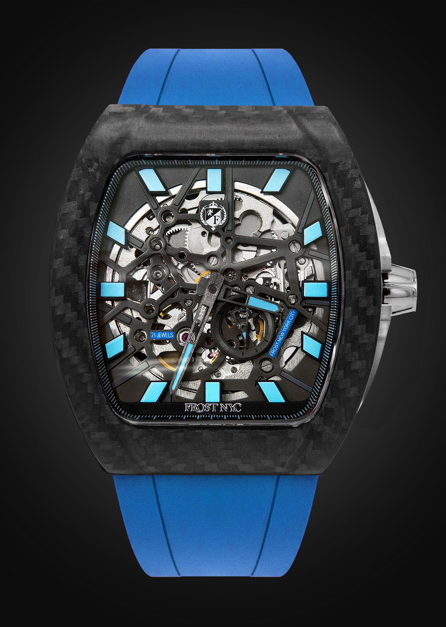 Frost NYC Mens Watch - Automatic Skeleton Carbon Fiber Sport Black Watch | FRST-01-CFS | Blue