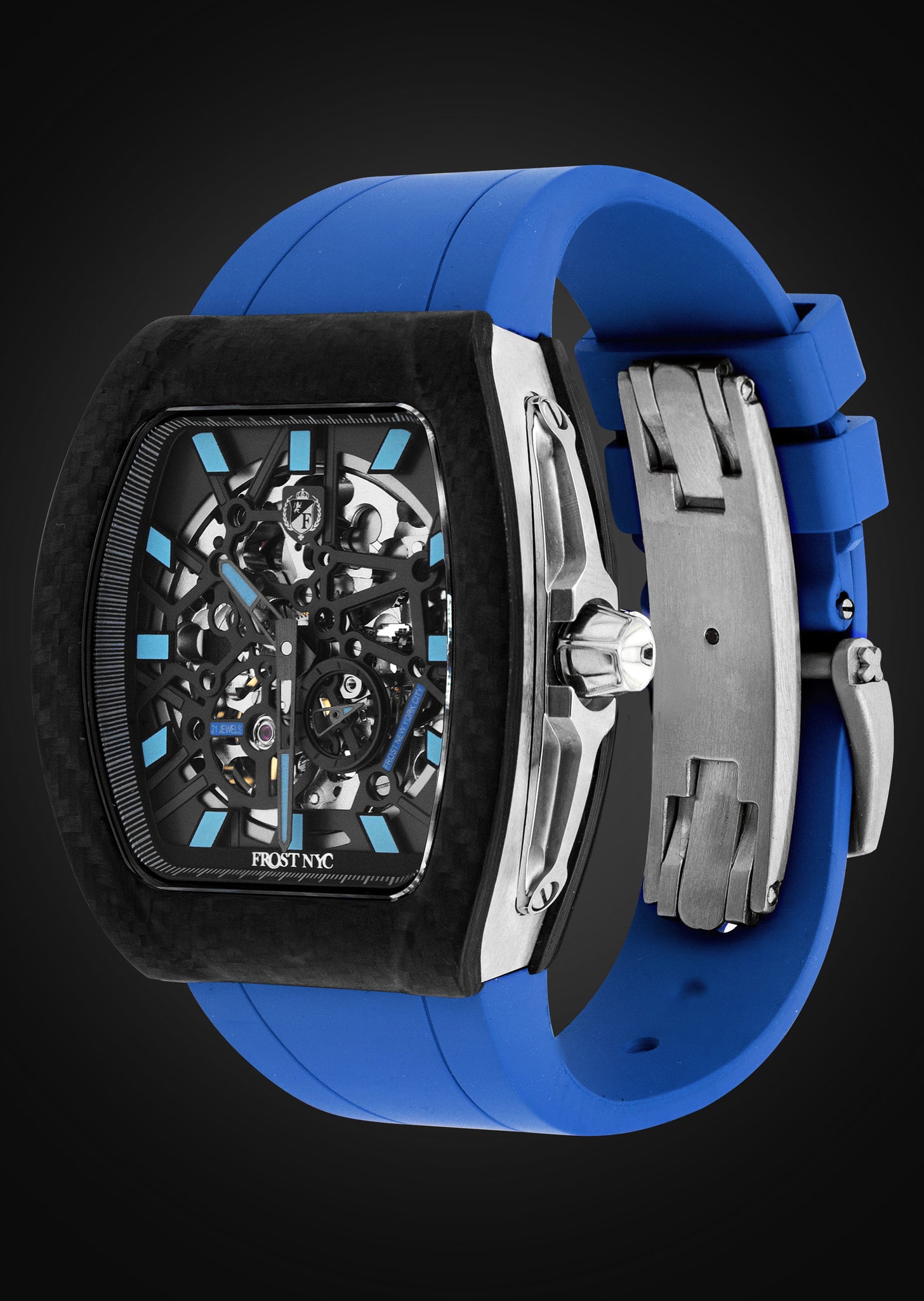 Frost NYC Mens Watch - Automatic Skeleton Carbon Fiber Sport Black Watch | FRST-01-CFS | Blue