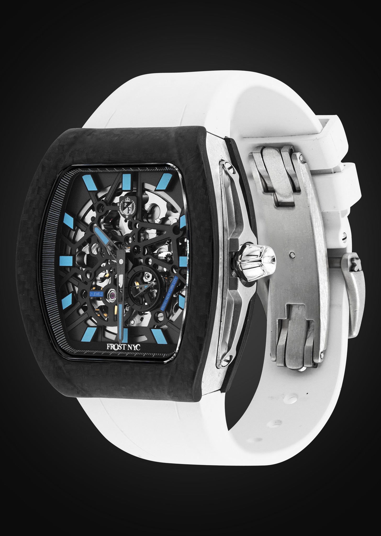 Frost NYC Mens Watch - Automatic Skeleton Carbon Fiber Sport Black Watch | FRST-01-CFS | White