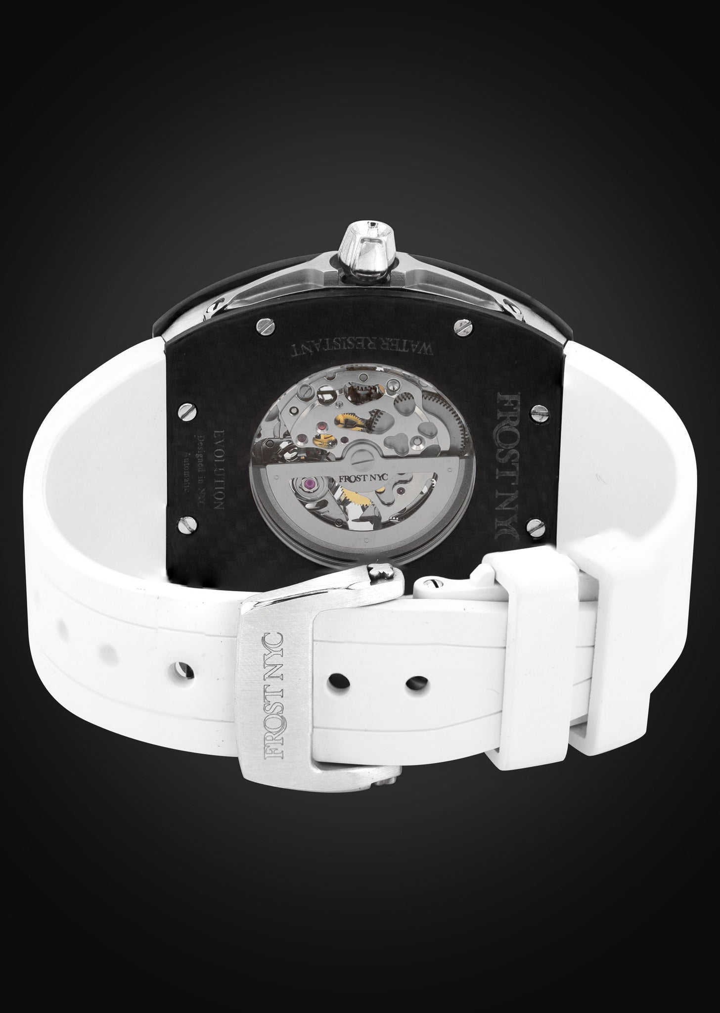 Frost NYC Mens Watch - Automatic Skeleton Carbon Fiber Sport Black Watch | FRST-01-CFS | White