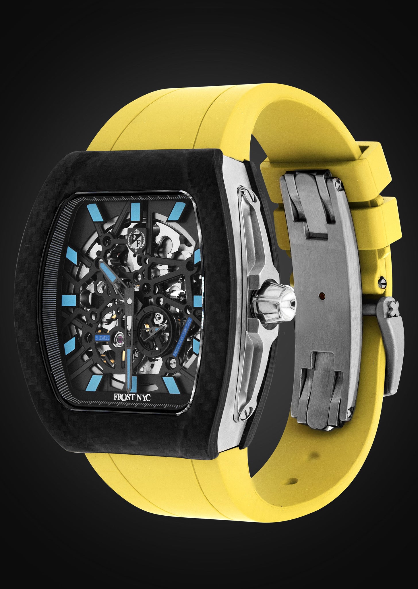 Frost NYC Mens Watch - Automatic Skeleton Carbon Fiber Sport Black Watch | FRST-01-CFS | Yellow