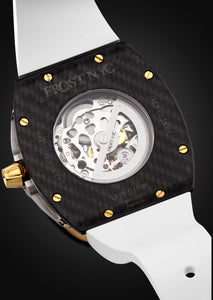 Frost NYC Mens Watch - Automatic Skeleton Carbon Fiber Sport Gold Watch | FRST-01-CFY | White