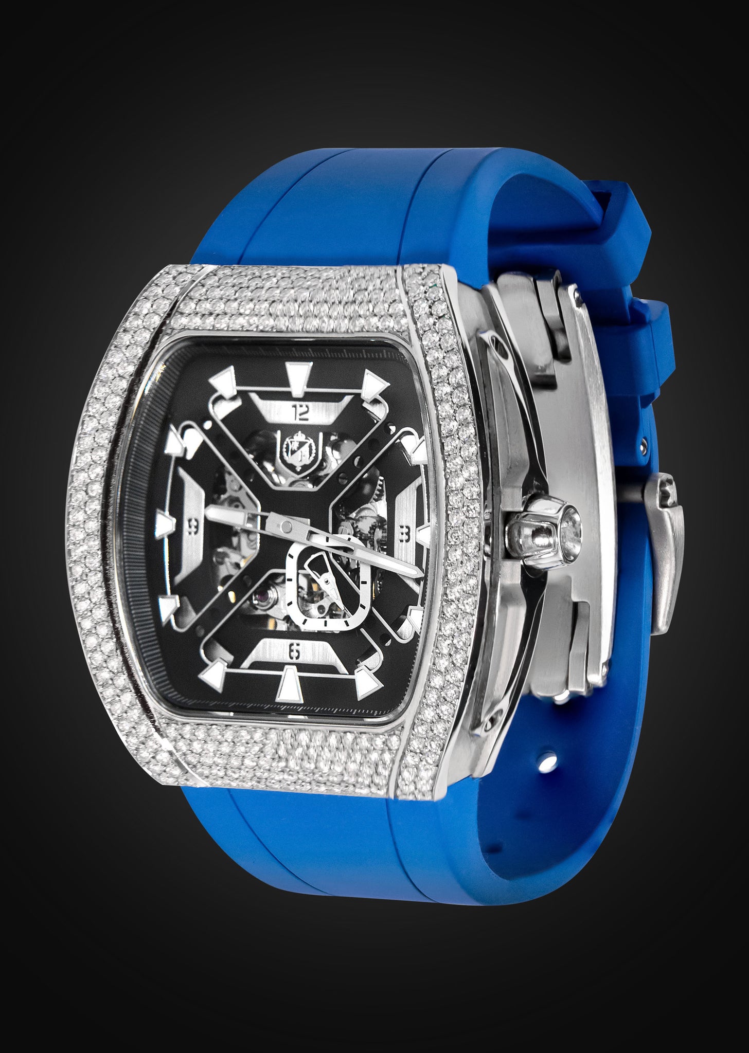 Frost NYC Mens Watch - Automatic Skeleton Stainless Steel Sport Diamond Watch | FRST-01-XS-D | Blue