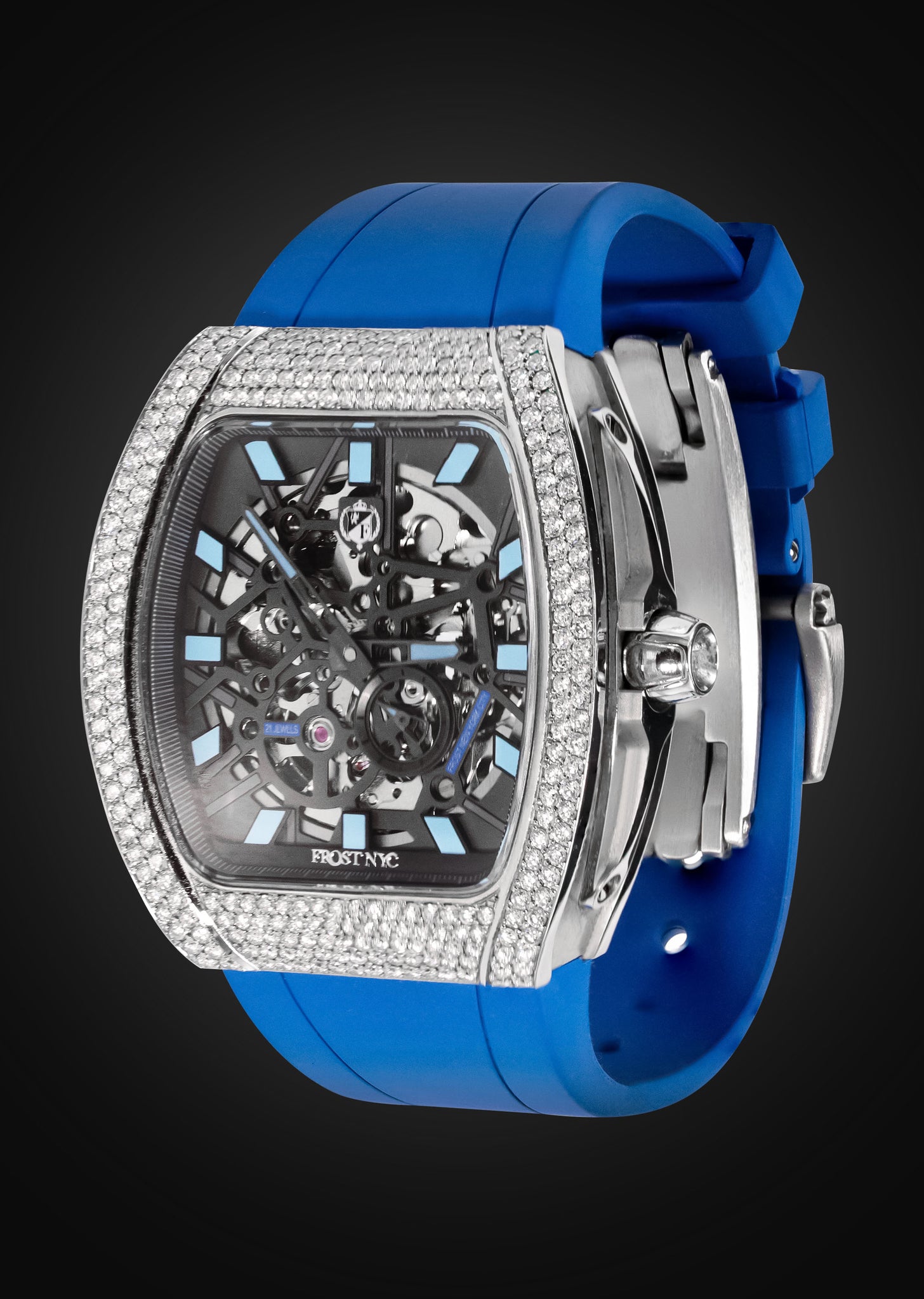 Frost NYC Mens Watch - Automatic Skeleton Stainless Steel Diamond Sport Watch | FRST-01-SS-D | Blue