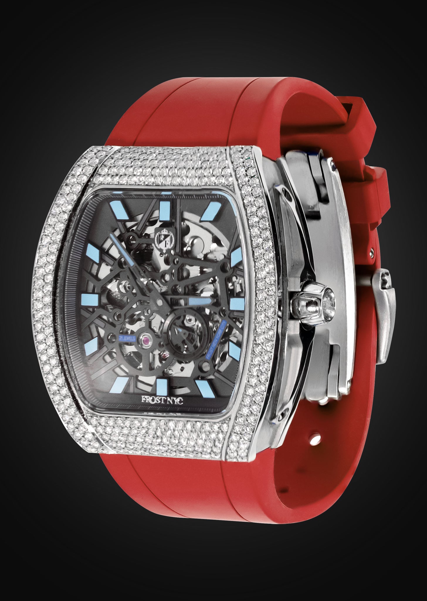 Frost NYC Mens Watch - Automatic Skeleton Stainless Steel Diamond Sport Watch | FRST-01-SS-D | Red