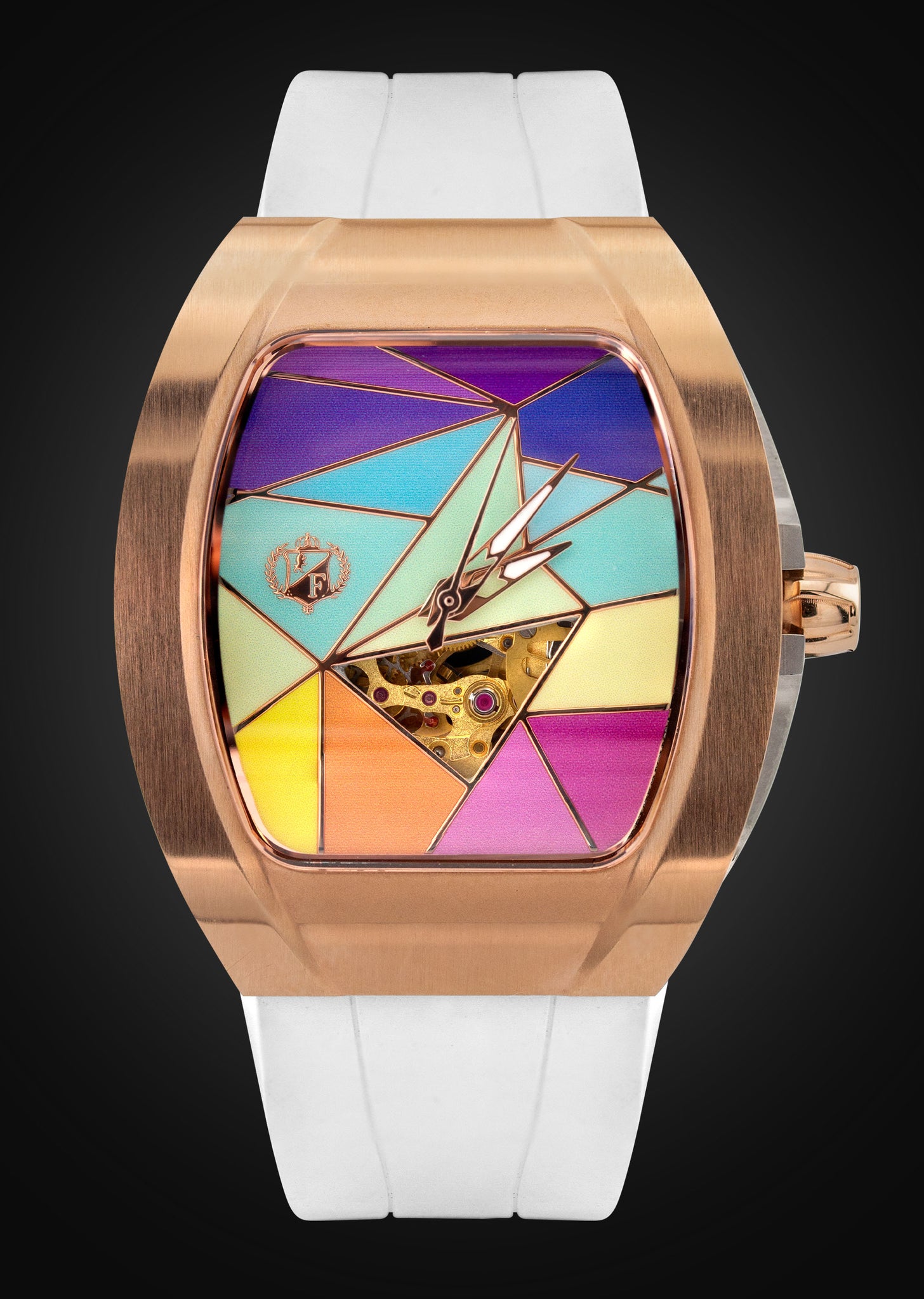 Frost NYC Evolution Women's Watch - Automatic Skeleton Rainbow Rose Triangle | WFRST-01-TD-R White Band | Pre - Sale