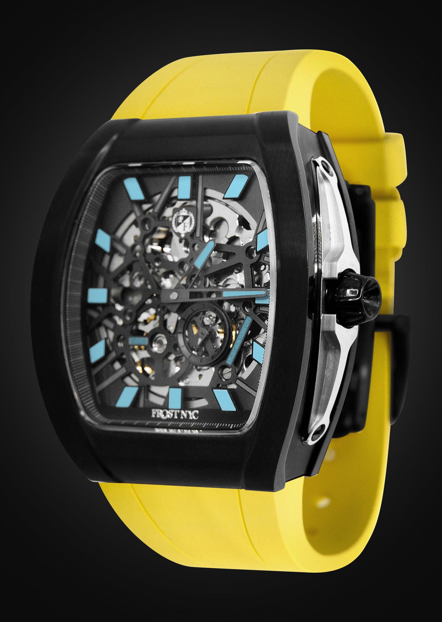 Frost NYC Mens Watch - Automatic Skeleton Sport Black Watch | FRST-01-SB| Yellow